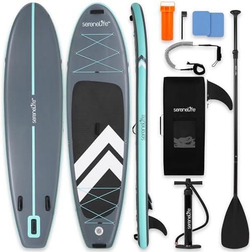 SereneLife 10’ Inflatable Stand Up Paddle Board with Premium SUP Accessories - Wide Stable Design with Non-Slip EVA Deck Pad, for Youth and Adults, 350 lbs. Capacity