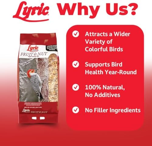 Lyric Fruit and Nut Wild Bird Seed - High Energy Wild Bird Food Mix - Attracts Woodpeckers, Chickadees & Other Songbirds -5 lb. Bag | Attracts Woodpeckers, Chickadees and other songbirds