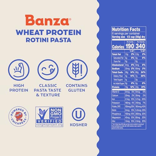 Banza Rotini Protein Pasta Made from Wheat + Chickpeas - 6-Pack, 12 oz Box - High Protein 22g, Classic Taste & Texture, Non-GMO, Kosher, Plant-Based