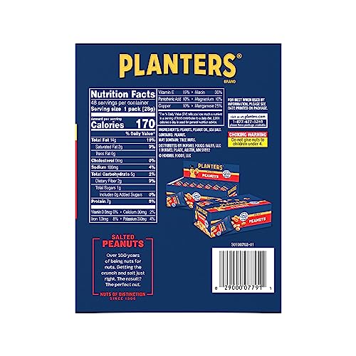 PLANTERS Salted Peanuts, Plant Based Protein Snacks, 1 Oz (48 Ct) | Roasted Salted Nuts Snack Packs. Kosher. Bag. Snacks for Adults. Individual Snacks