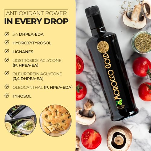 Morocco Gold New Harvest Olive Oil Extra Virgin - Polyphenol Rich 606mg/kg - Cold Pressed Olive Oil - Pure & 100% Natural with up to 4 Years Shelf-life - Fresh Harvest EVOO - (500ml (Pack of 1))