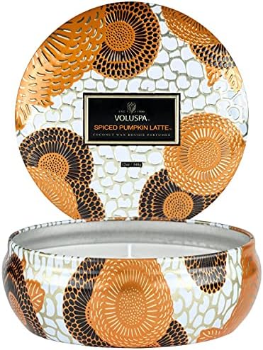 Voluspa Spiced Pumpkin Latte, 3 Wick Tin Candle, 12 Ounce, 40 Hour Burn Time, Coconut Wax for Clean Burning, Handcrafted in the USA