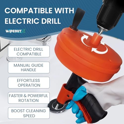 Drain Auger 50 Ft with Drill Attachment, Drain Snake Clog Remover Kit | Includes Gloves, Glasses, Brushes