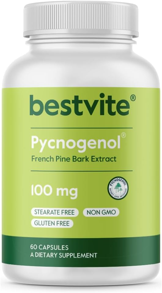 BESTVITE Pycnogenol 100mg (60 Caps) - French Maritime Pine Bark Extract | No Stearates - Gluten Free - Non GMO - Scientifically Studied - Healthy Aging Supplement* - Easy to Swallow Caps