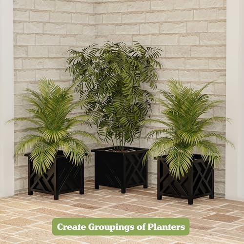 Lattice Design Outdoor Planter Box - 14.75” Square 13” Tall Black Plant Pot - Decorative Plant Pots for Front Porch Decor - Flower Pots Outdoor