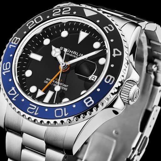 Stuhrling Original Men's Stainless Steel GMT Watch Quartz - 42mm Quartz Analog Wrist Watch for Men, Mens Quartz Watch, Stainless Steel Case