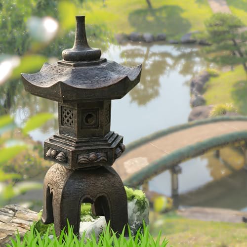 Bellaa Japanese Pagoda Garden Statue - 17” Brown Polyresin Zen Lantern Outdoor Decor