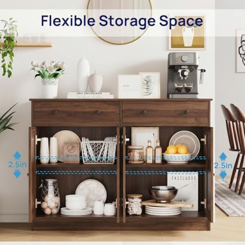 holzart White Buffet Cabinet with Storage, 49" Modern Kitchen Sideboard with 4 Doors & Adjustable Shelves, Wood Coffee Bar Cabinet Console Table for Dining Room, Living Room, Entryway