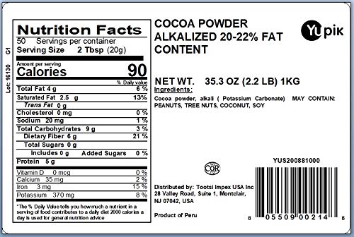 Yupik Alkalized Cocoa Powder, 2.2 lb (35.2 oz), Vegan, Gluten-Free, GMO-Free, Kosher, Dairy-Free, No Sugar Added, Dutch Processed Cocoa, Smooth Chocolate Flavor, Ideal for Baking & Beverages