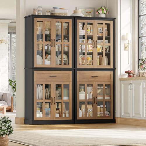 FOTOSOK 71'' Tall Kitchen Cabinet with Glass Doors and Drawer | Freestanding Food Pantry with Adjustable Shelves for Dining, Living Room, Natural