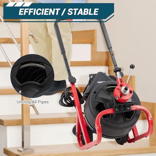 100Ft x 3/8 Inch Drain Cleaner Machine, 370w Electric Drain Auger Machine with Auto-Feed & 6 Cutters, Sewer Snake Auger with Wheels