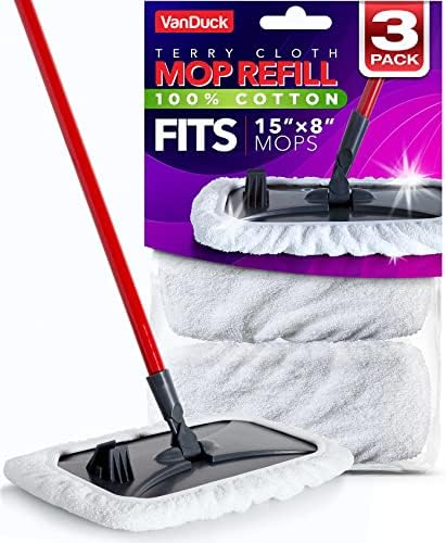 VanDuck 100% Cotton Terry Mop Pads 15x8 Inches, 3-Pack (Mop Not Included) | Reusable terry cloth mop covers, cotton replacement pads