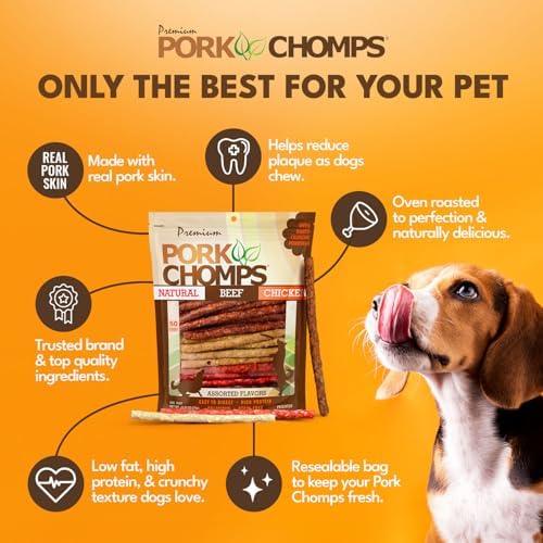 Pork Chomps Dog Chews, 5 in Munchy Sticks, Assorted Flavors, 50 Count | Oven-baked from real pork skin - a rawhide-free chew that's low in fat, high in protein, and easy to digest