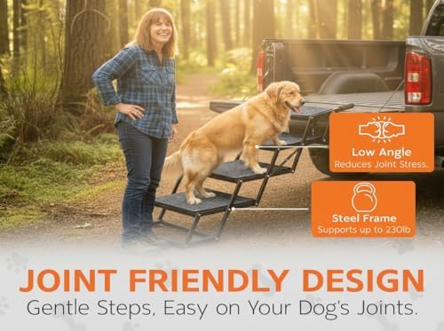 Foldable Dog Stairs for Cars Trucks & SUVs - Heavy-Duty Carbon Steel Pet Ladder Supports 230LB - Non-Slip Metal Mesh Joint-Friendly Portable Ramp for Large Dogs - 5 Step Pet Stairs w/Mat