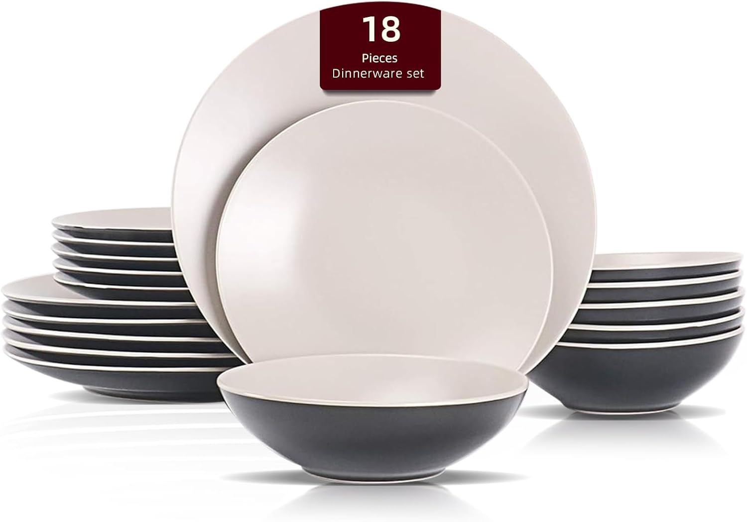 Stoneware Two-Tone Colors Life 16pc Dinner Set，Outside Shiny Black + Inside Matte Glaze Olive