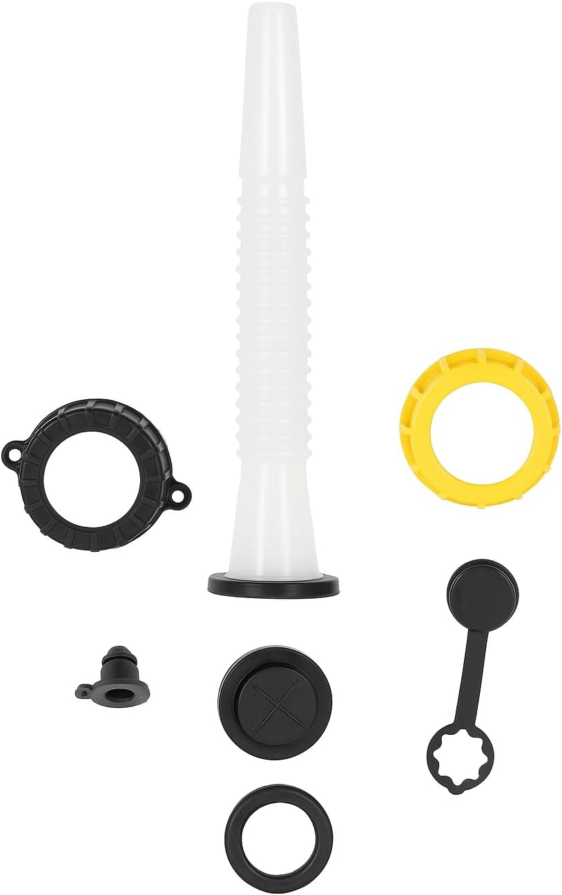 Universal Gas Can Spout Replacement, Gas Can Nozzle with Gasket, Stopper, Collar Caps (Black and Yellow) & gas can vent caps, Pack of 3