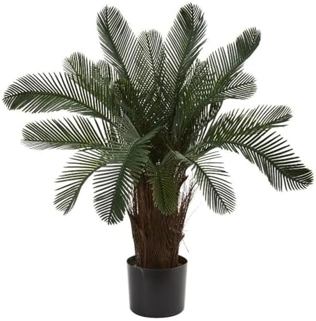 Nearly Natural Artificial, UV Resistant 2’ Cycas Tree (Indoor/Outdoor), Green 28" Dx28 Wx2'H | Premium Realistic-Trunk Voluminous Dark Fronds