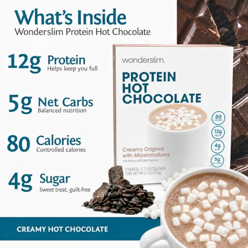 Wonderslim Protein Coffee Drink Mix with Casein Protein – 7 ct (Cappuccino) | With Collagen, 12g Protein, 70 Calories, Low Sugar, 3g Net Carbs, Keto Friendly, Gluten Free, GLP-1 Friendly Coffee Drink Mix