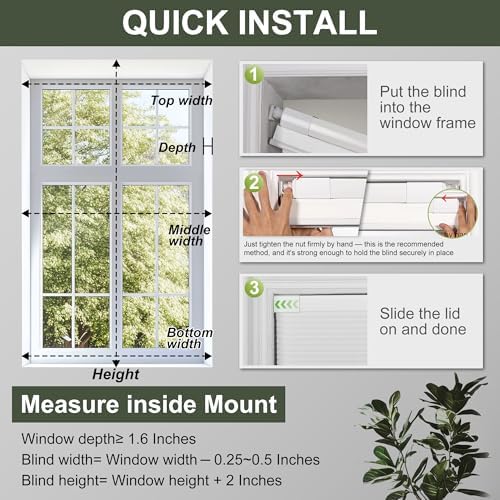 No Drill No Tools Blackout Cellular Shades, White, Custom Size | No Tools Honeycomb Blinds for Indoor Windows.Easy to Install