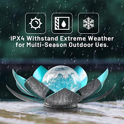 Outdoor Solar Lights, Garden Decor, Crackle Glass Globe, Waterproof Metal Lotus Flower Light for Patio, Lawn, Walkway, Tabletop, Ground