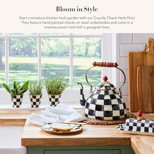 MACKENZIE-CHILDS Enamel Herb Pot Set, Small, Black-and-White Courtly Check | Hand-painted design, small plant pots for herbs or flowers, 8-ounce capacity per pot, set of 3