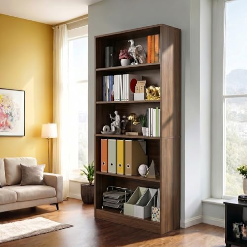 holzart 71" Tall Book Shelf, 5 Tier Large Bookshelf, Standing Wood Display Book Shelf for Living Room, Office, Library with Doors, 31.5" W x 70.87" H x 11.81" D, White