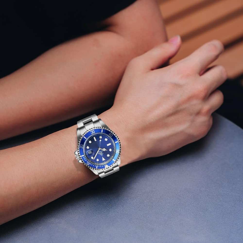 FANMIS Mens Luxury Watches Rotatable Bezel Sapphire Glass Luminous Hand Quartz Silver Tone Stainless Steel Watch