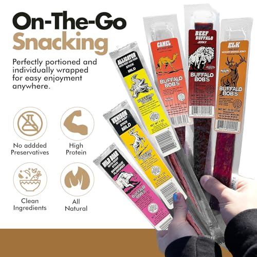 Buffalo Bob's Exotic Meat Random Flavors - Beef Jerky Variety, 6-Pack | Sampler Set, Gift Basket for Men, Hunting & Camping Adventure, Stocking Stuffers, High Protein Snack, Gluten-Free Diet