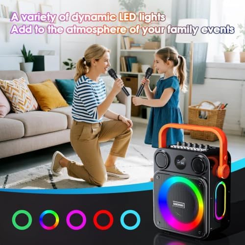 Karaoke Machine with 2 Wireless Microphones for Adults & Kids, 8000mAh Portable Bluetooth Speaker PA System with Lights, Supports AUX in/TF Card/FM/REC, Microphone Speaker Set for Home Party, Outdoor