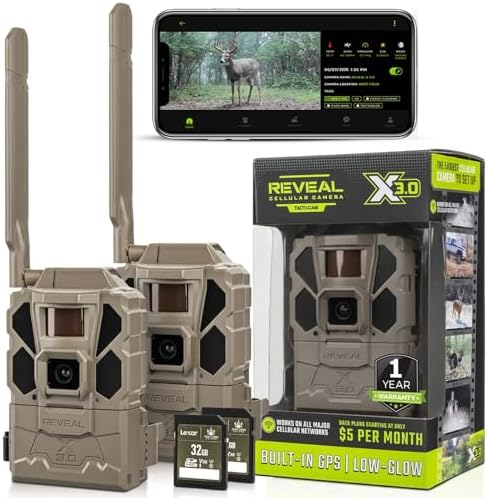 Tactacam REVEAL X Gen 3.0 Cellular Trail Camera - Multi Carrier, HD Photos & Videos, Pre-Installed Antenna, Built-in GPS, Best Battery Life, Low-Glow IR Flash, Fast Trigger Speed + 32GB SD Card (2 PK)