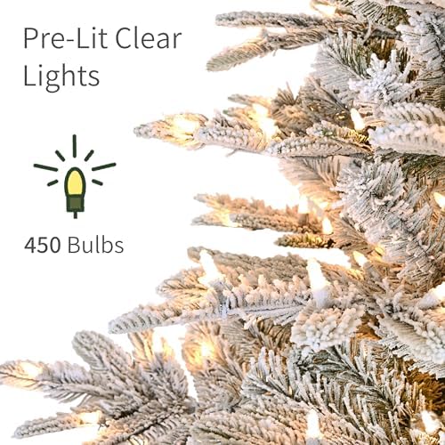 Puleo International 7.5ft Pre-Lit Slim Flocked Aspen Fir Christmas Tree with 450 Clear Lights, 1016 Realistic Dense Snow Flocked Branch Tips, Easy Setup Artificial Trees with Sturdy Metal Stand