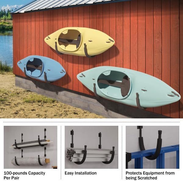 2-Pack of Kayak Storage Hook Sets - Kayak Wall Mount Hangers with 100lb Capacity Per Pair for Paddleboards, Surfboards,