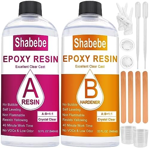 Epoxy Resin, 32OZ Epoxy Resin Crystal Clear, Not-Yellowing No-Bubble, Self Leveling Easy Pour/Mix 1:1 Casting Kit & Coating for DIY Jewelry Making