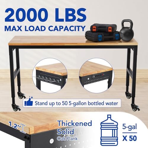 Workbench Adjustable 75' x 25', 2000 Lbs Load Capacity, 29.5"-38.4" Heights Garage Worktable with Universal Wheels & Power Outlet