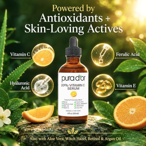 PURA D'OR 20% Vitamin C Anti-Aging Facial Serum, 4 fl oz | Smoother-Looking Texture, pH Balanced, Ferulic Booster, Antioxidant Support, Uneven Tone