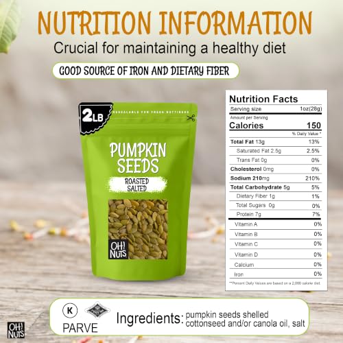 Oh! Nuts Roasted Pumpkin Seeds Salted Pepitas No Shell 2 Pound | Roasted salted pumpkin seeds no shell - Premium pepitas packed in NY - Resealable zip bag for freshness