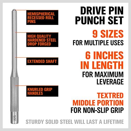 9-Piece Roll Pin Punch Set - Fast Pin Removal - Durable Steel & Construction - For Automotive, Firearm Maintenance, Watch