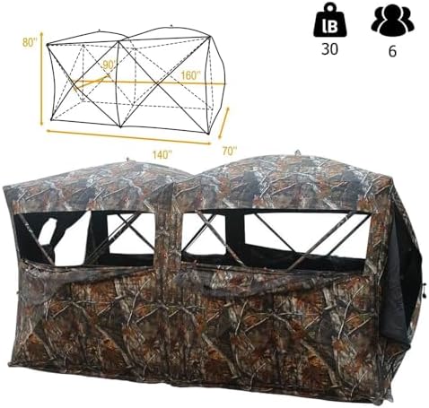 THUNDERBAY Bunkhouse Pop Up Portable 6 Person Side-by-Side Hunting Blind, Footprint: 140"x70" with 80" Height