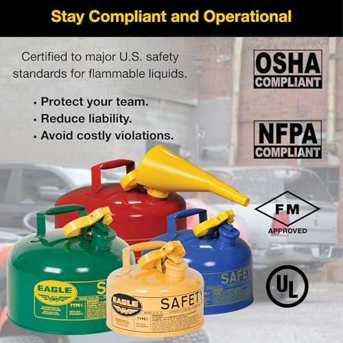 Eagle 5 Gallon Type I Green Safety Gas Can for Oil and Other Combustibles | Flame Arrester, Self-Closing Lid, and F-15 Funnel, Made in the USA