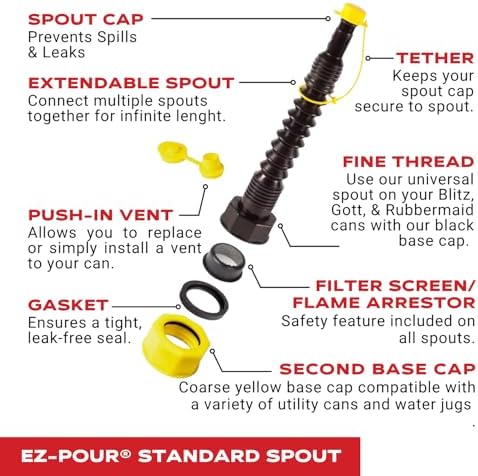 EZ-POUR® Standard Replacement Spout & Vent Kit, Multi-Purpose Spout, 1 Pk | Flexible Standard Spout Fits 1-3/4 in Openings. Includes Vent. For Older Utility Cans, Water Jugs & Containers.