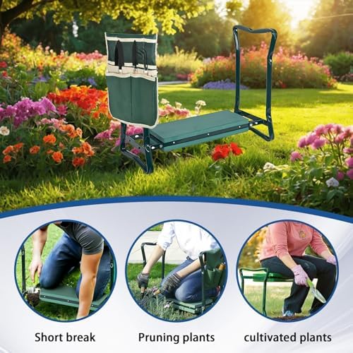 WFLNHB Garden Kneeler and Seat Stool Bench Foldable Kneeler Portable Garden Folding Stool with Tool Pouch and Soft Kneeling Pad
