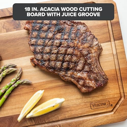 Viking Cutting Board, Acacia Wood Kitchen Butcher Block Carving Board with Juice Groove and Metal Handles, 23 x 14 x 1 Inch