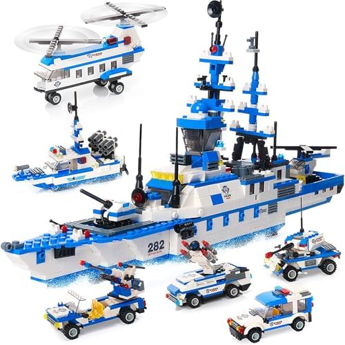 EP EXERCISE N PLAY City Police Set Battleship Building Toy, 1169 Pieces 6 in 1 Boat War Ship Block Set, Fun Toy Gift for Kids Boys & Girls Ages 6+