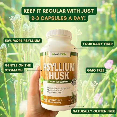 NutriONN Psyllium Husk Capsules - 1450mg - 240 Capsules - Made in USA - Double Strength - Premium Psyllium Fiber Supplement - Great for Digestion
