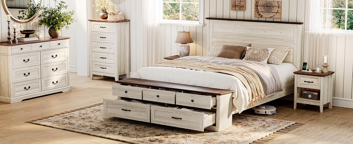 Queen Storage Bed Frame with Drawers Farmhouse Bed Frame Queen-Size with Headboard Footboard Bench