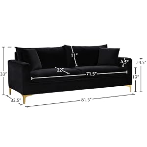 Meridian furniture, naomi, plush, velvet, button, tufting, sofa, room, stainless steel, chrome