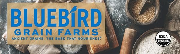 Bluebird Grain Farms logo over our premium grains and flours