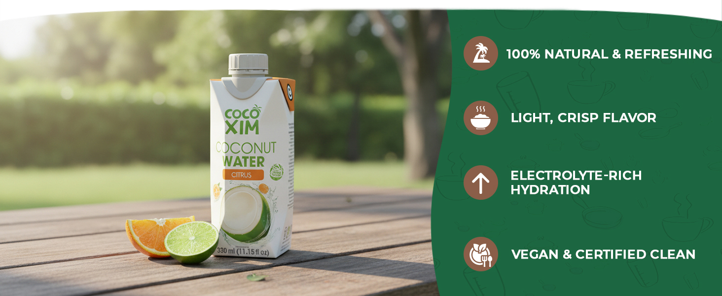 coconut water, citrus drink, natural hydration, post-workout refreshment, low calorie, clean energy