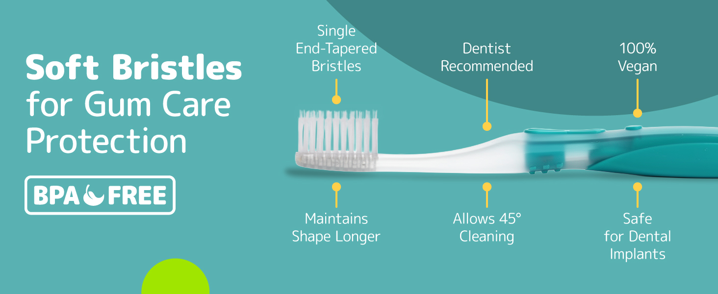 gum care protection toothbrush with single end tapered bristles make of vegan material