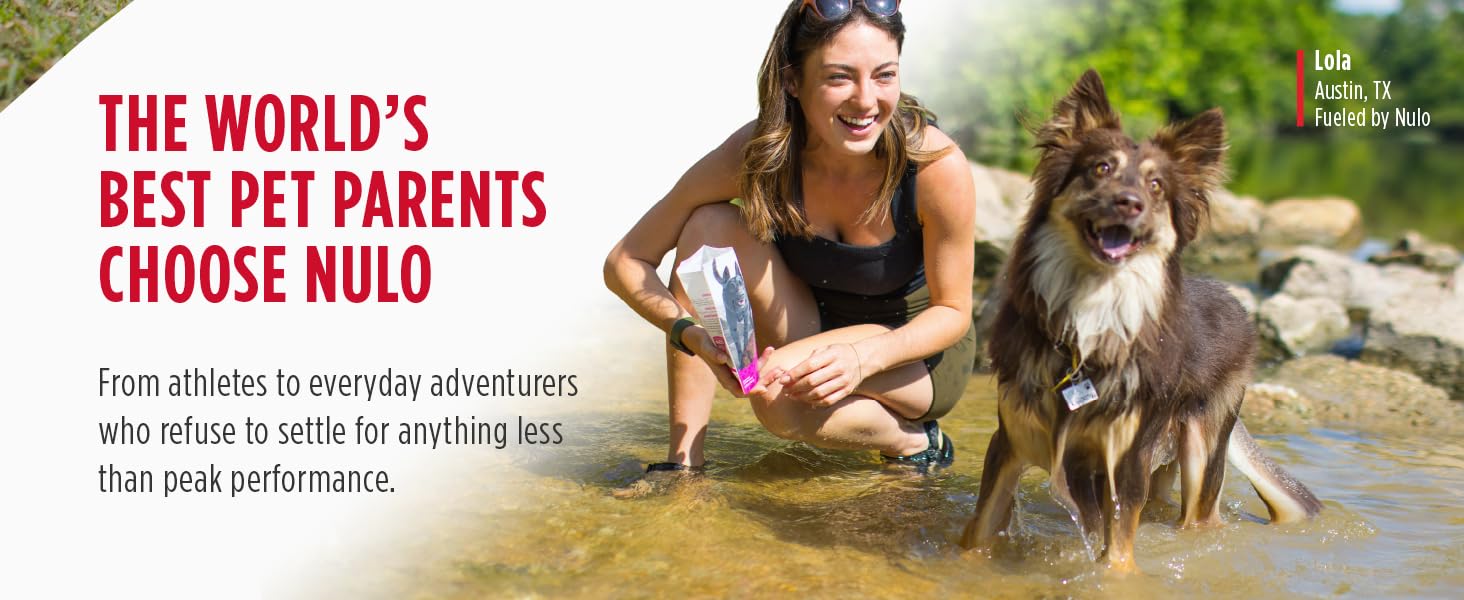 Image of woman and dog in water with text reading the worlds best pet parents choose nulo.